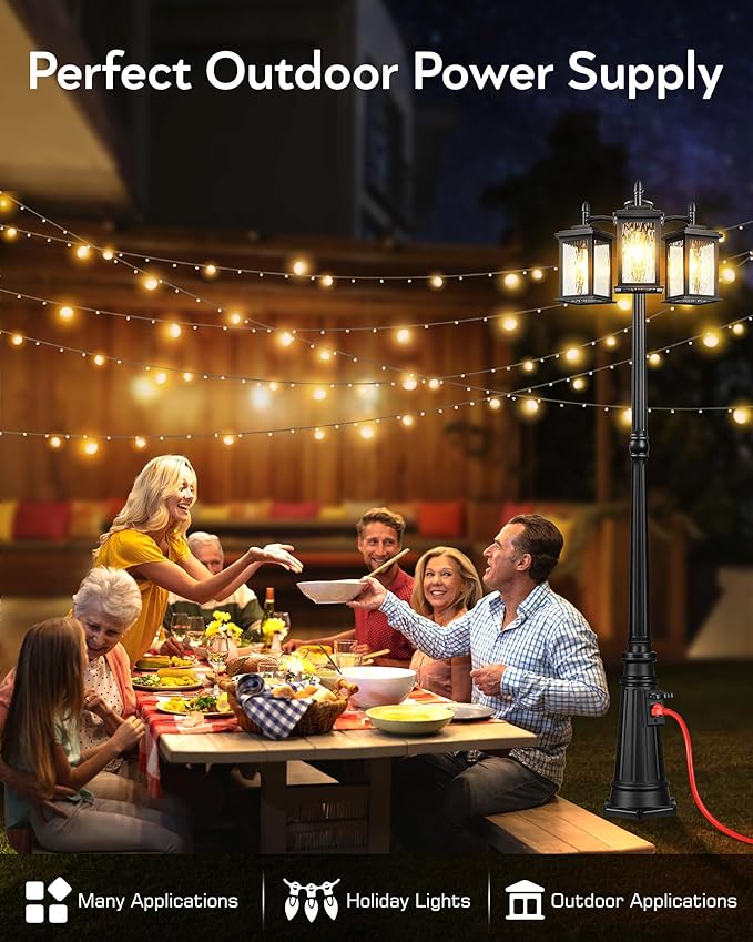 VIANIS Outdoor Lamp Post Light with Outlet, Waterproof Dusk to Dawn Lamp Posts Outdoor Lighting 3-Head, Anti-Rust Black Street Light for Garden, House, Doorway, Weather Resistant