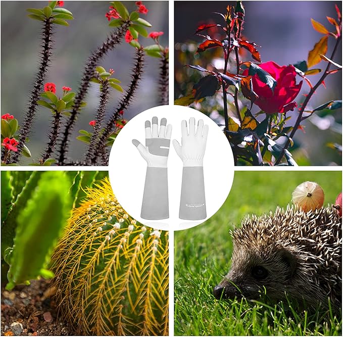 HANDLANDY Long Gardening Gloves for Men & Women, Thorn Proof Rose Pruning Gloves Leather Gauntlets Garden Glove Yard Work Glove (Large, Grey)