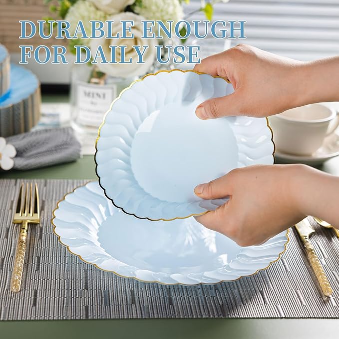 Lullaby 60PCS Light Blue Plastic Plates with Gold Rim, Includes 30PCS Dinner Plate 10'' and 30PCS Dessert Plate 7.5'', Baby Blue Plastic Plates for Party, Wedding and Daily Use