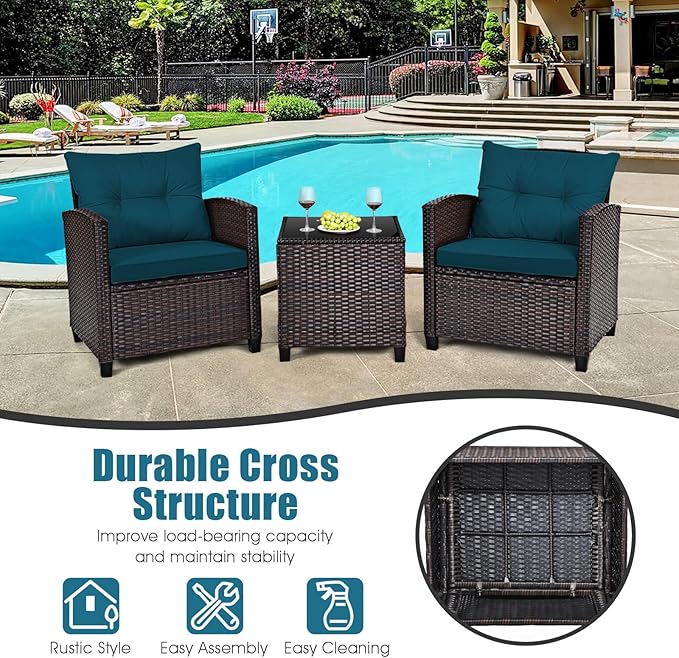 HAPPYGRILL 3 Pieces Patio Conversation Set, Outdoor Furniture Set PE Rattan Sofa Set with Removable Cushions, PE Wicker Chairs with Tempered Glass Side Table for Porch Lawn Garden Balcony Backyard