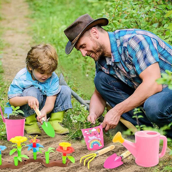 deAO Kids Gardening Set Arts and Crafts for Kids Paint Garden Tools DIY Flower Building Toys with Shovel, Trowel, Rake, Water Can,Gloves,Tote Bag,Apron,Painting Accessories,Outdoor Gift for Boys Girls