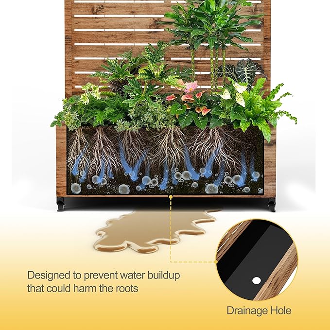 Raised Garden Bed with Trellis and Wheels,73"x35"x16" Metal Raised Garden Bed,Brown Wood Finish Metal Planter with Climbing Trellis for Vines & Vegetables