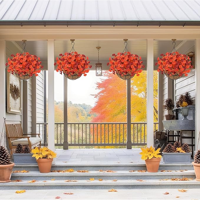 Artificial Hanging Flowers Plants Basket for Outdoors Fall Decorations, 12 Pcs UV Resistant Faux Morning Glory Fake Petunias with Hanging Planter for Home Porch Balcony Decor (Orange Red)