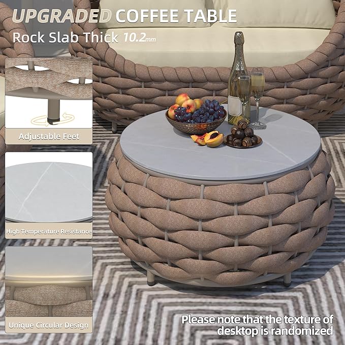 TWT Patio Furniture Sofa Set 4 Pieces Aluminum Outdoor Furniture w/25.6in Coffee Table,Patio Conversation Set with Hand Woven Textilene Rope for Backyard Garden Poolside (Khaki)