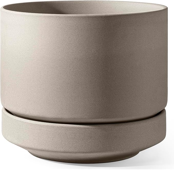 LE TAUCI Large 14 Inch Plant Pot with Saucer | Ceramic Outdoor & Indoor Big Planter Pot | Drainage Hole, Mesh Pad & Plug | Unglazed Porous | Modern Minimalist for Home and Patio – Neutral Gray