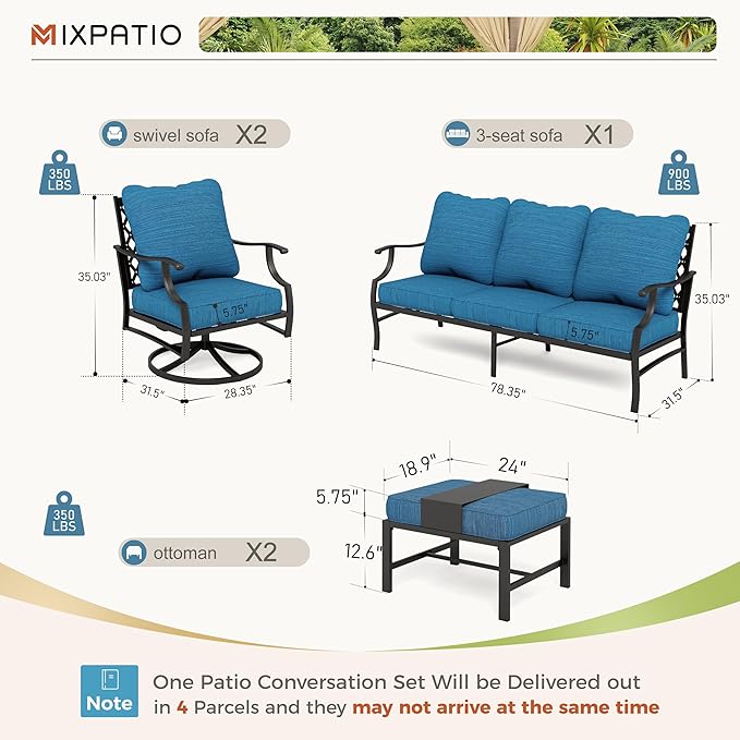 Patio Furniture Set 5 pcs, Outdoor Patio Furniture, 3-Seat Sofa, 2 Swivel Chairs, 2 Ottomans and 5.75" Extra Thick Cushion, Conversation Set for Backyard Deck,Gemstone Blue