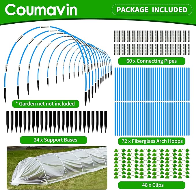 72 PCS Greenhouse Hoops for DIY Grow Tunnel Set, Garden Hoops for Raised Beds Row Cover, Flexible Fiberglass Plant Hoop Frame Support DIY Hoops Kit Garden Stakes for Outdoor, Blue