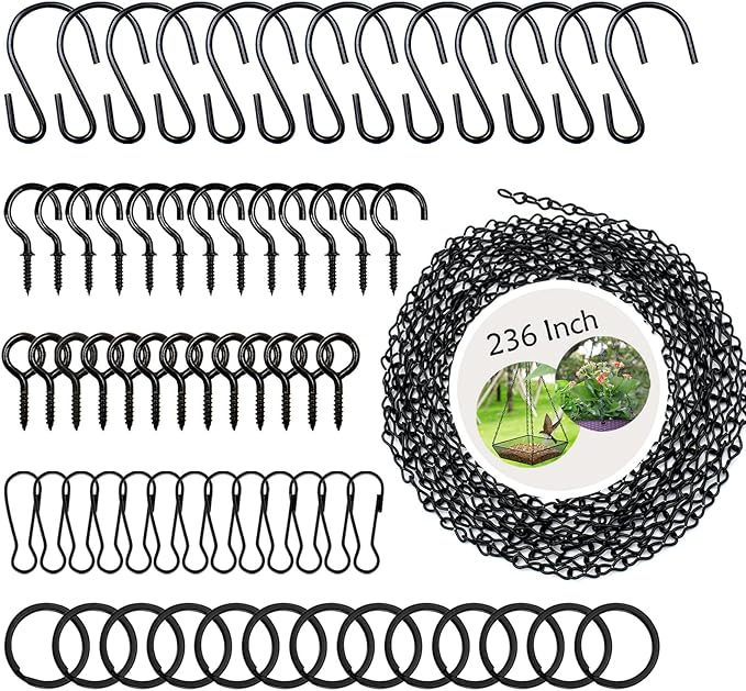 YINGFENG 236 Inch Black Metal Hanging Chains and Hanging Basket Hooks Set for Bird Feeders, Birdbaths, Planters, Grow Lights, Lanterns, Wind Chime and Ornaments, Eye Screws, Chain Hooks DIY