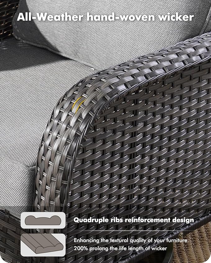 5 Pieces Patio Furniture Set,Outdoor Furniture with Rockers, Rattan Conversation Sets w/Coffee Table, Grey Wicker Light Dark Gray Cushion