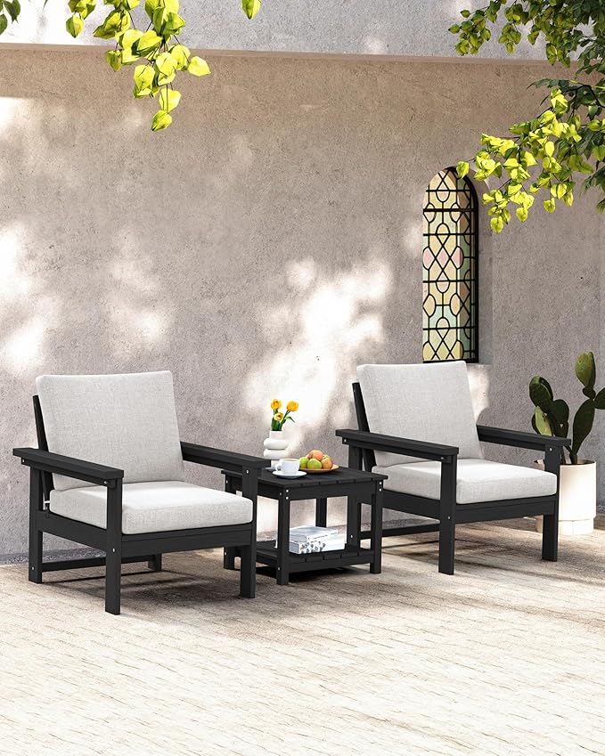 SERWALL HDPE Patio Sofa Set, 3-Piece Sectional Outdoor Furniture Set, All Weather Outdoor Couch Set Patio Furniture Set for Deck, Lawn, Black Frame with Khaki Cushion