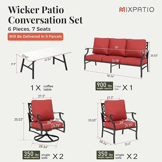 Patio Furniture Set 6 pcs, Outdoor Patio Furniture, 1 X 3-Seat Sofa, 2 X Single Chairs, 2 X Swivel Chairs, 1 X Coffee Table and 5.75" Extra Thick Cushion, Patio Conversation Set,Red