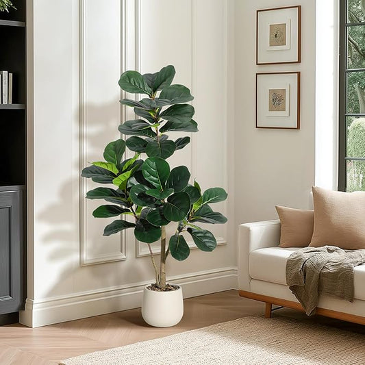 4FT Fiddle Leaf Fig Tree Artificial with 48 Leaves - Realistic Faux Ficus Lyrata Trees in 7.8" White Planter Pot, Indoor Fake Floor Plants for Home Office Living Room Decor, Housewarming Gift