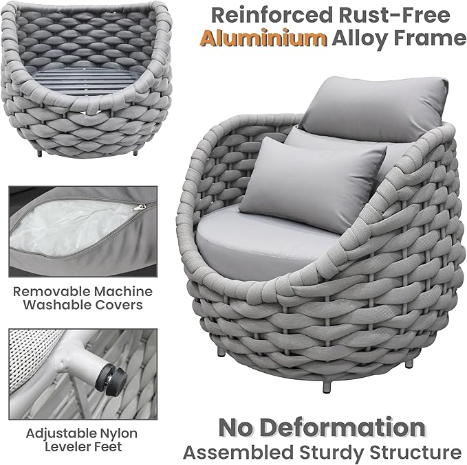 2 PCS Patio Deck Accent Chair: Large Woven Rope Chair Cushioned - Aluminum Modern Single Lounge Armchair Assembled - All Weather Outdoor Seating for 400lbs Lanai Balcony Porch Garden Hotel, Gray