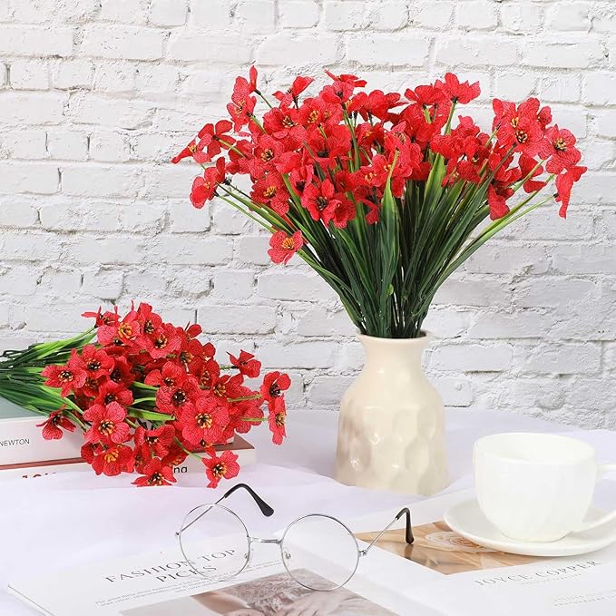 Lyrow 100 Bundles Violet Artificial Flowers, UV Resistant Faux Flowers Outdoor, Faux Silk Flowers, Fake Violet Flowers Bulk for Front Porch Hanging Garden Courtyard Farmhouse Home(Red)