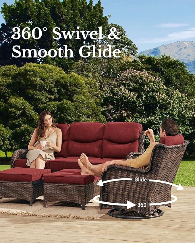 HILLGA Luxury Patio Furniture Set with 6-inch Thick Cushion, Outdoor Couch and High Back Swivel Rocker Patio Chairs, 7PCS Wicker Conversation Set for Deck Yard and Poolside, Burgundy (V2)