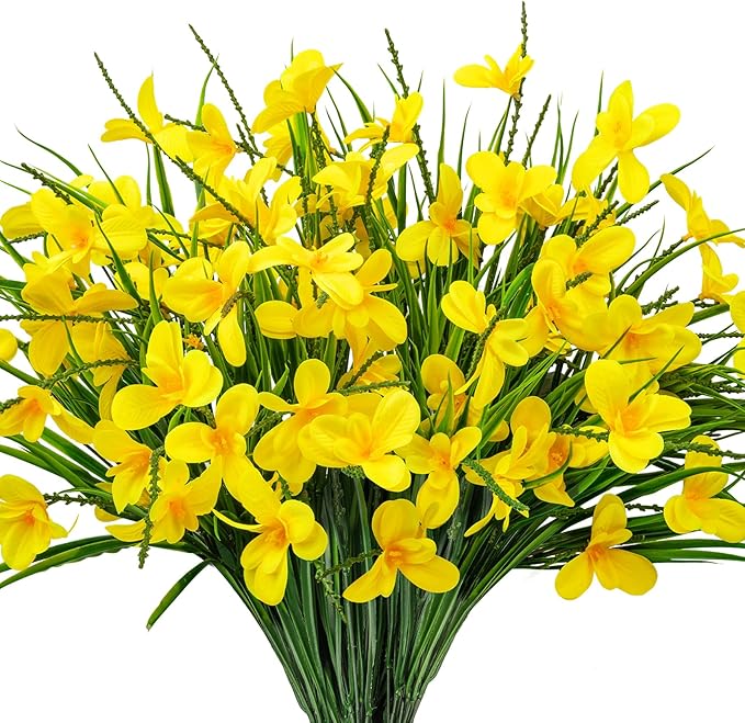 Ouddy Decor 12 Bundles Artificial Flowers for Outdoors Decoration, Fake Freesia Silk Flowers UV Resistant Artificial Plants for Summer Indoor Outside Garden Wedding Farmhouse Porch Home Decor, Yellow