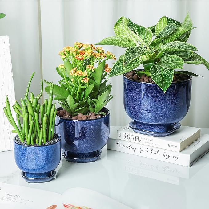 vicrays Ceramic Plant Pots Indoor - 6.8/5.5/4.3 Inch Planter Pot with Drainage Hole and Saucer for Succulent Orchid Flower Herbs Cactus - Gardening Home Desktop Office Decor – Set of 3 Blue