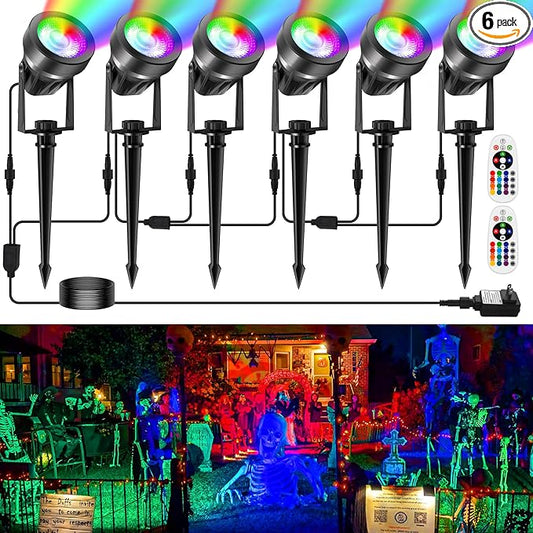 RGBW Color Changing Landscape Lighting,12V Low Voltage Landscape Lights Spotlights with Transformer Remote Control Decorative for Garden, Yard, Lawn, Pool, 44ft Cable(6-in-1)