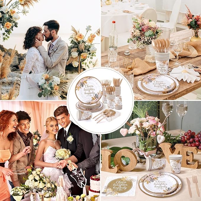 350 Pcs Boho Bridal Shower Paper Plates Napkins Cups Disposable Tableware Sets With Knives Forks Spoons Cheers to Love Bridal Shower Party Favors for 50 Guests Wedding Engagement Decorations (boho)