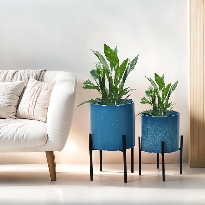 ARNIS Modern Plant Pots, Set of 2 Large Planters with Stand, Decorative Planters, Metal Pots with Drainage Holes for Living Room, Office, Garden or Balcony, 10.5 &12.55 Inch, Blue