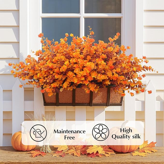 Artificial Mums for Outdoors, 12 Bundles Faux Mums for Fall Planters,Uv Resistant Eucalyptus Artificial Fake Flowers Plants, Realistic Fall Decor for Porch, Patio, Yard (Fall Stems)