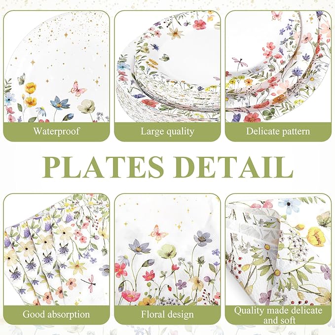 250 Pcs Wildflower Party Decorations Include Spring Summer Floral Paper Plates Napkins and Cups for Wildflower Baby Shower Tea Decorations, Serve 50 Guest (Colorful,Floral Style)