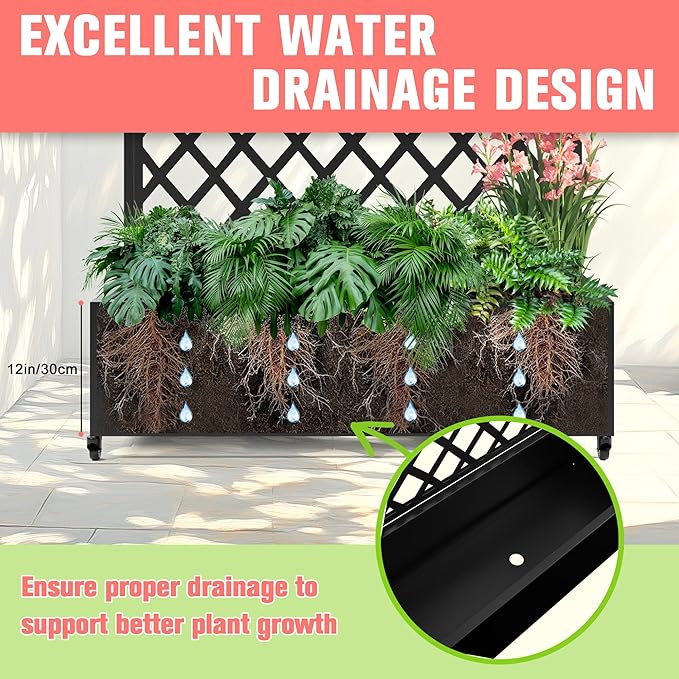Metal Planter Box with Trellis, Raised Garder Bed with Drainage Hole, Privacy Screen & Trellis for Climbing Plants, Outdoor Plant Stands, 47''L×17''W×73''H, Black