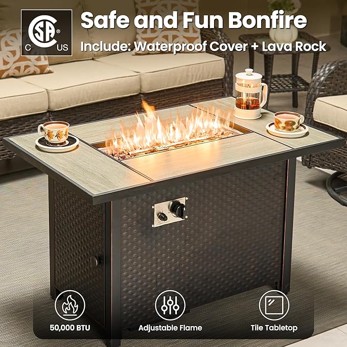 ovios 5 Pieces Patio Furniture Set, Outdoor Wicker Sofa Couch with Swivel Chairs 42" Fire Pit Table, All Weather High Back Modern Conversation Sets, Brown Rattan, Beige