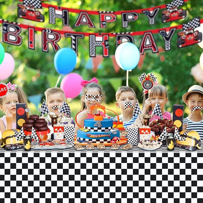 2 Pack Black and White Checkered Tablecloth, Plastic Table Cloths for Parties Disposable, 54 x 108 inch Waterproof Black Checkered Flag Table Cloth for Birthday, Party, School, Halloween