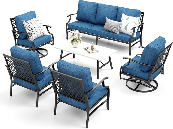 Patio Furniture Set 6 pcs, Outdoor Patio Furniture, 1 X 3-Seat Sofa, 2 X Single Chairs, 2 X Swivel Chairs, 1 X Coffee Table and 5.75" Extra Thick Cushion, Patio Conversation Set,Gemstone Blue