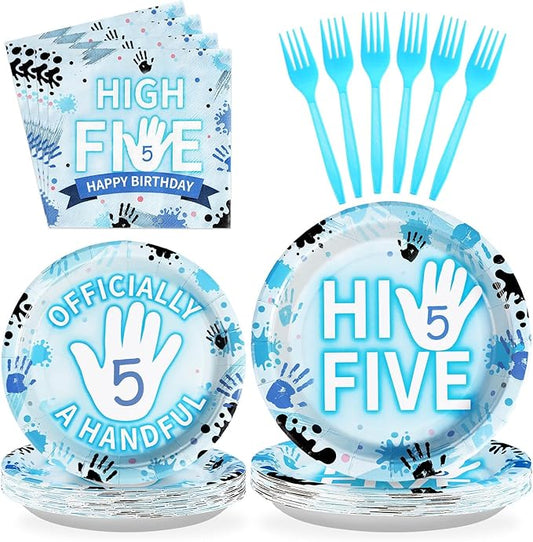 96Pcs Hi Five Party Decorations Blue High 5 Year Old Plates And Napkins Tableware Sets Officially a Handful 5th Birthday Decorations for Kids Girls Boys Five Years Old Birthday Supplies Serves 24