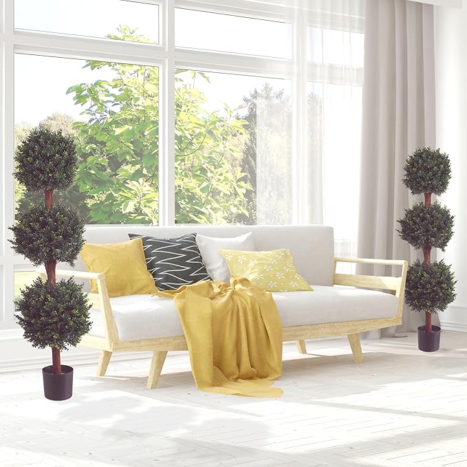 Pure Garden Set of 2 Artificial Trees - 5FT Hedyotis Topiary Fake Plants in Weighted Pots - Faux Plants for Indoor Display or Front Porch Decor