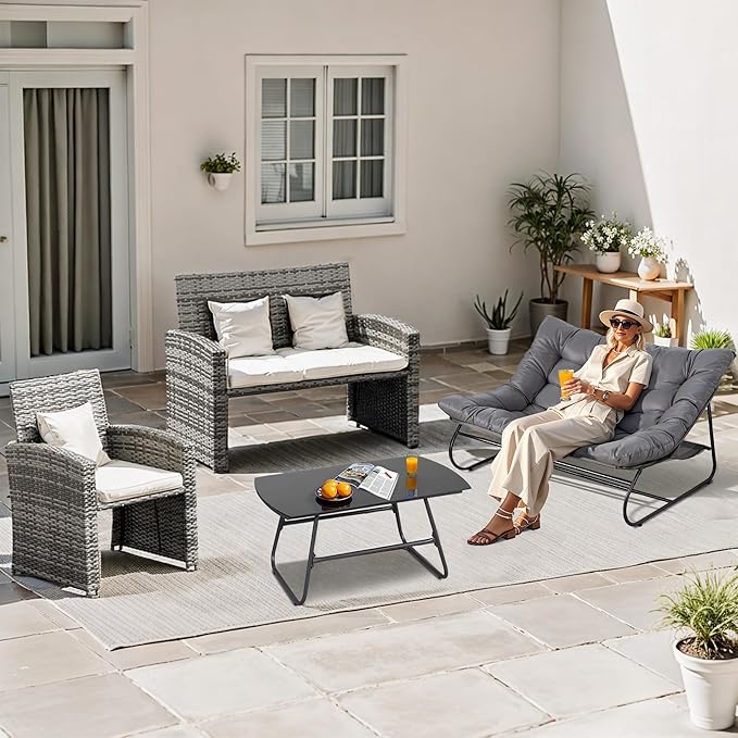 NOBLEMOOD 2 Pieces Patio Loveseat Set with Coffee Table, Outdoor Indoor Cushioned Love Seat, Metal Frame Oversized 2 Seater Chair for Porch, Garden, Living Room, Balcony