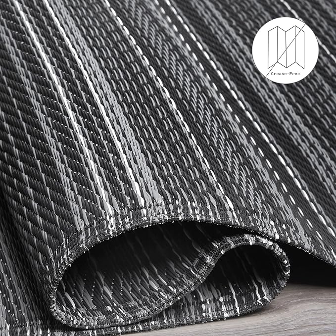 Fab Habitat Outdoor Rug - Waterproof, Fade Resistant, Crease-Free - Premium Recycled Plastic - Striped - Patio, Porch, Deck, Balcony - Cancun - Midnight - 5 x 8 ft