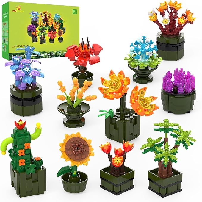 JMBricklayer Flowers Succulents Building Sets for Adults 10001, 12 Pack Tiny Plants Botanical Collection Display for Room Decor, Bonsai Flowers Building Blocks Gifts for Women, Cute Succulents