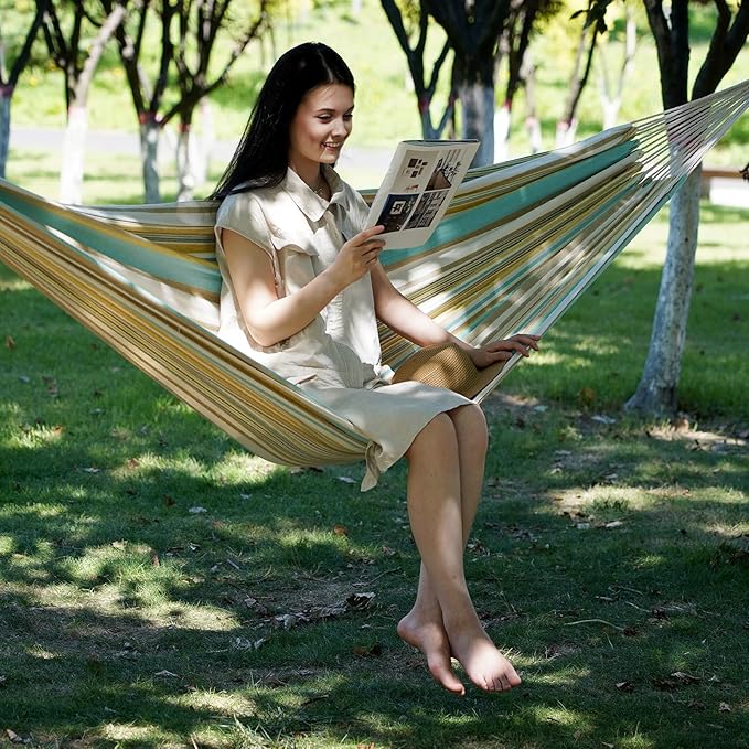 Brazilian Hammock with Tree Straps - Cotton Hammocks Portable Hammock with Carry Bag for Backyard, Porch, Outdoor and Indoor Use Yellow & Green