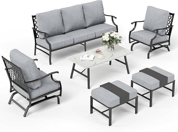 6 Piece Metal Outdoor Patio Furniture Set, Patio Conversation Set 1 3-seater Sofa, 2 Rocking Chair, 2 Ottomans with 5.75" Thick Cushion and Coffee Table, Black Backyard Furniture, Gray
