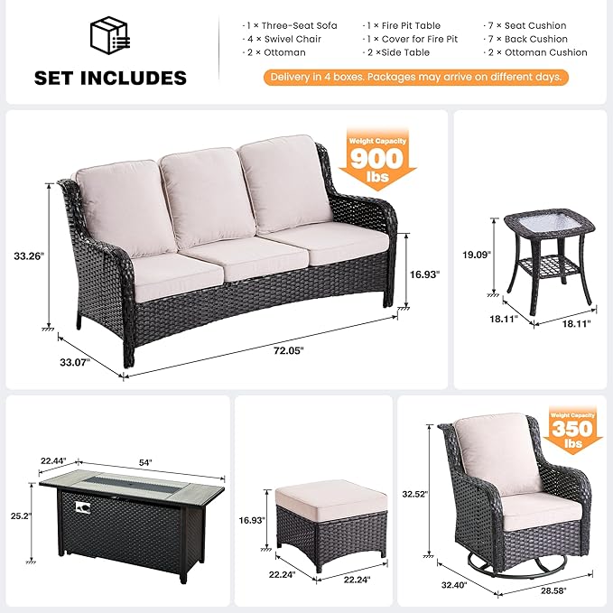 ovios 10 Pieces Patio Furniture Set, Outdoor Wicker Sofa Couch with Swivel Chairs 54" Fire Pit Table, All Weather High Back Modern Conversation Sets, Brown Rattan, Beige