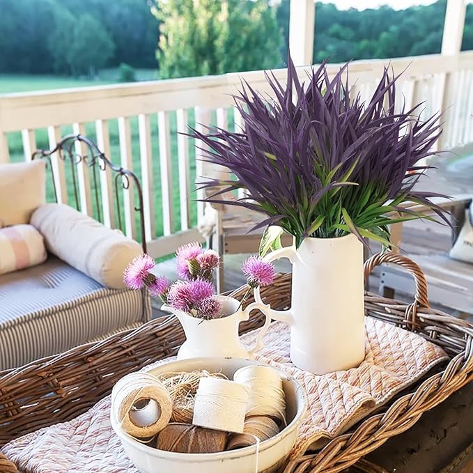 Outdoor Artificial Plants 8Pcs Fake Plants Grass UV Resistant Fake Flowers Bush Greenery,17Inch Tall Faux Grass Shrubs for Home Porch Pathway Garden Décor Outside Indoor (Deep Purple)