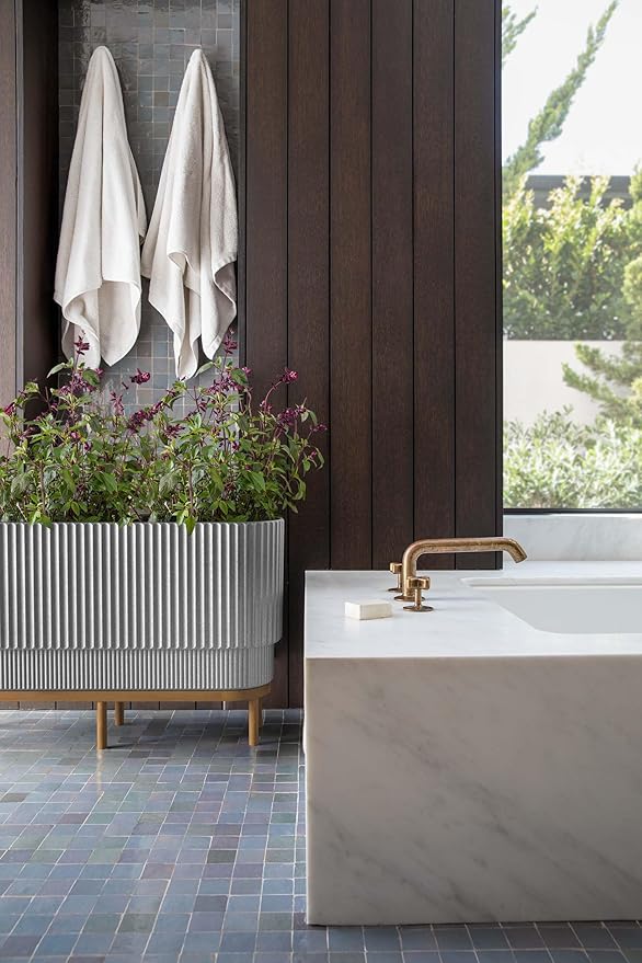 Veradek Demi Series Raised Long Planter for Indoor/Outdoor Use | Made from Plastic & Stone w/Wooden Stand | Modern Patio Décor for Flowers/Shrubs