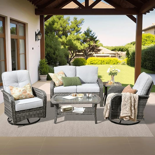 ovios 5 Pieces Patio Furniture Set, Outdoor Wicker Sofa with Swivel Chairs, Coffee Table, All Weather High Back Rattan Loveseat Couch with Comfy Cushions, Grey