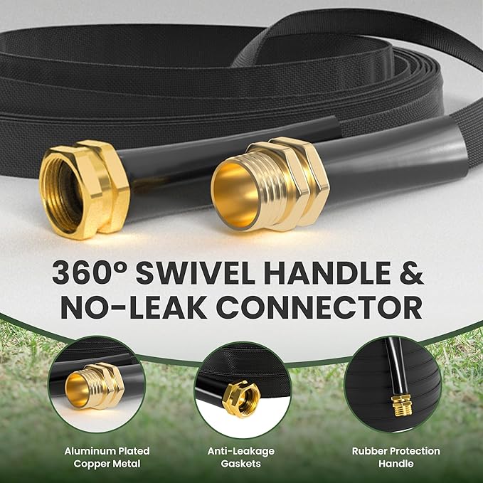 Giraffe Tools Garden Hose 25FT Lightweight Lay Flat Water Hose Kink Free Flexible Hose with 9 Spray Function Nozzle, Black