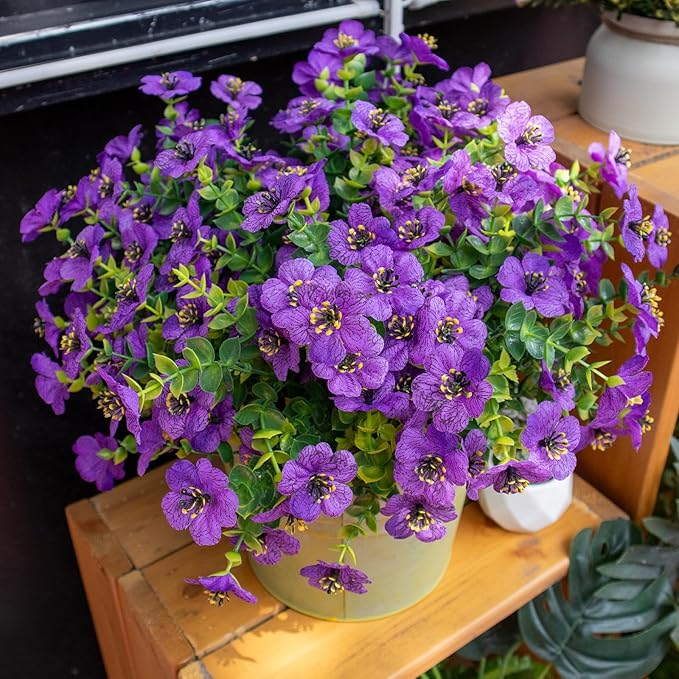 Artificial Flowers for Outdoors, 10 Bundles UV Resistant Artificial Outdoor Flowers, Not-Fading Silk Faux Flowers for Outdoor Planters for Home Garden Porch Decor, Purple