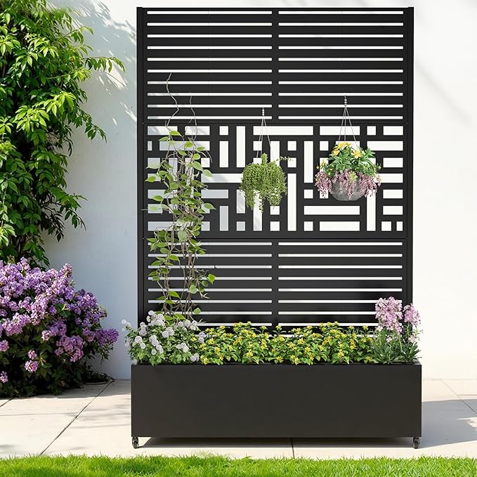 Metal Raised Garden Bed with Trellis & Wheels,70" x 47"x 15.7" Planter Box with Trellis,Privacy Planters for Patio,Garden Bed for Climbing Plants,Suitable for Climbing Plants and Vegetables,Black