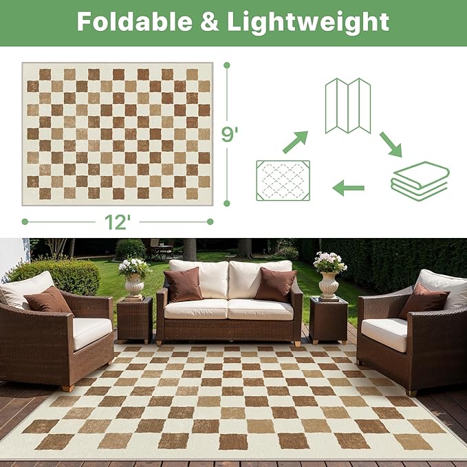 GENIMO Outdoor Rug for Patio Clearance, 9'x12' Reversible Plastic Straw Rugs, Lightweight Waterproof RV Camping Mat for Camper, Balcony, Deck, Backyard, Picnic, BrownBeige