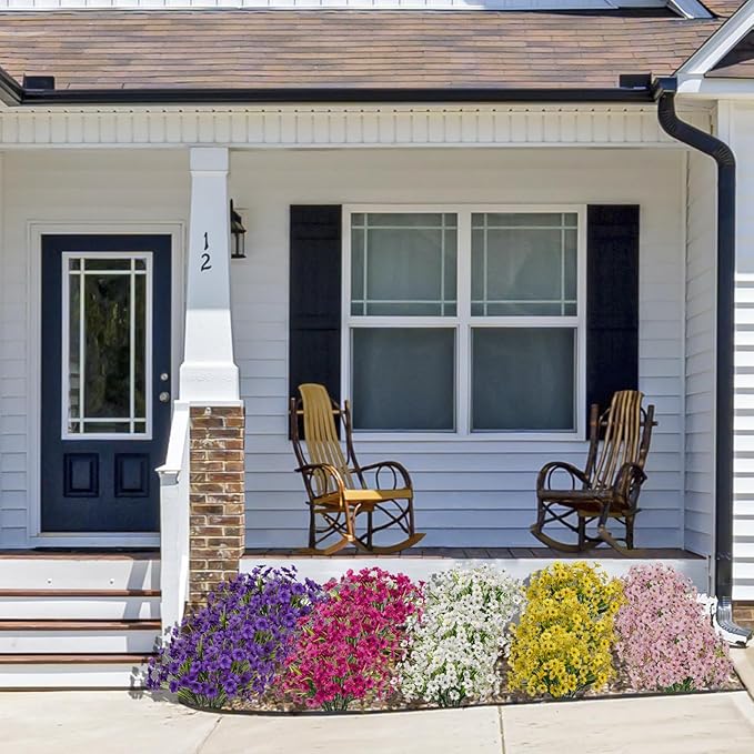 15 Bundles Artificial Flowers Outdoor UV Resistant Fake Silk Plants Plastic Faux Shrubs Outside Front Porch Window Box Garden Home Hanging Planter Decoration (Pink)