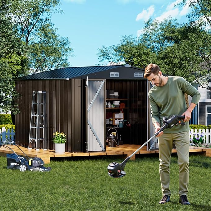 COMHOMA Shed Outdoor Storage Shed Metal,Lockable Doors Tool Sheds with Sloping Roof,Steel Garden Shed with Air Vent for Backyard,Patio,Lawn,Poolside (Brown, 10'*12')