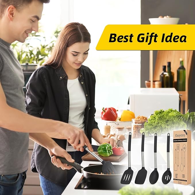 4 Pack Silicone Utensils Set, Non Stick Solid Spatulas, Heat Resistant Blue Slotted Spoons with Stainless Steel Handle, BPA Free Cooking Turner for Stir-Fry, Frying, Mixing, Serving,Draining,Turning