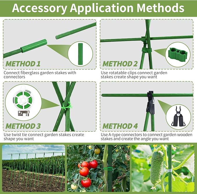 90pcs Garden Stakes Set, 16 Inches Plastic Coated Metal Plant Sticks Stakes Supports, DIY 4ft 5ft 6ft 7ft 8ft Tomato Stakes for Growing Climbing Tomato Vegetables Flowers Pepper, Versatile Ues