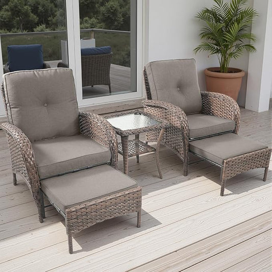 Rilyson 5 Piece Patio Furniture Set - Wicker Balcony Furniture Set with Hidden Ottomans, Rattan Outdoor Patio Chairs with Side Table for Porch Deck Poolside Garden Brown/Grey